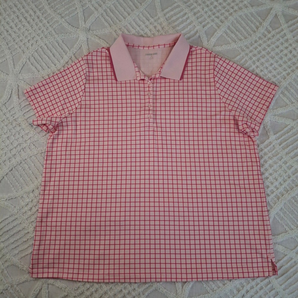 Lands End Women's Plus 1X Pink Collared Short Sleeve Polo Shirt Checkered